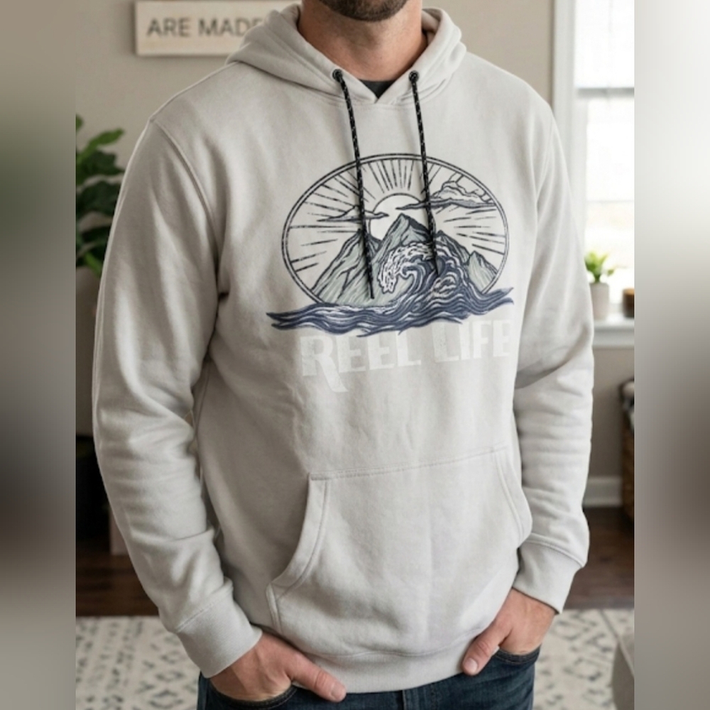 Reel Life Sweatshirt Mens M‎ Gray  Hoodie Pullover Graphic